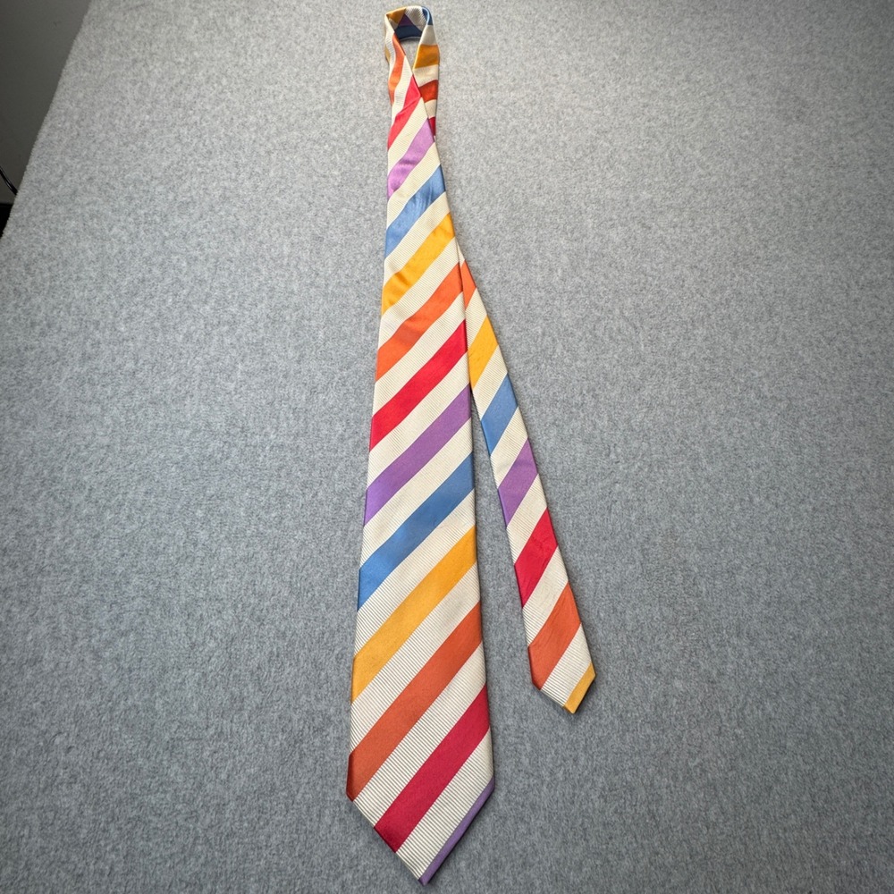 Bullock & Jones Mens Silk Cotton Striped Tie Multi Color Rainbow Italy 3.75x60